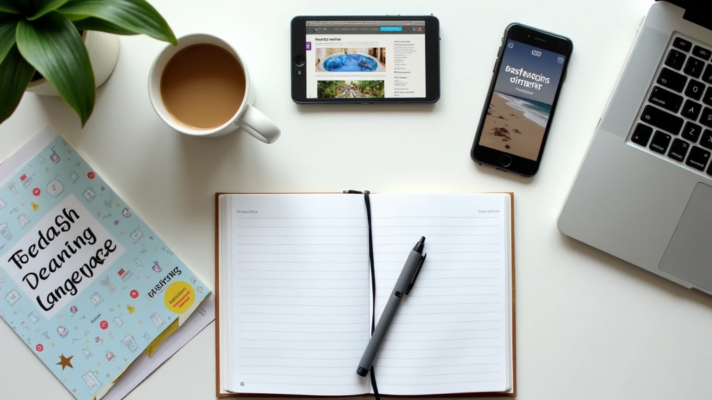 Open notebook, English learning materials, and a laptop on a clean desk
