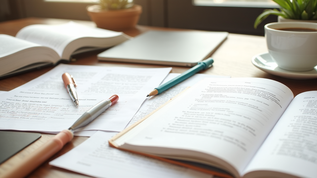 Open English grammar books, notepads, pens, and practice worksheets on a desk