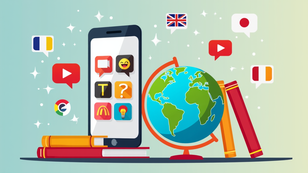 A colorful smartphone with various language learning app icons, books, and speech bubbles floating around it.