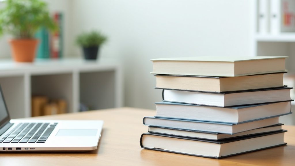A modern, clutter-free desk showing a stack of English grammar books along with a laptop and notepad. Bright, organized, and inviting.